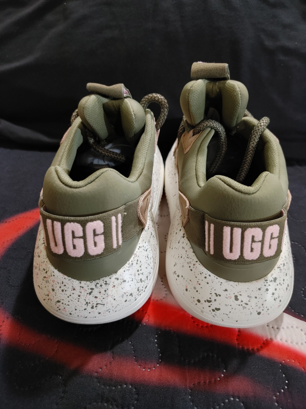 UGG Olive Green Athletic Sneakers with Pink Logo and Speckled White Sole